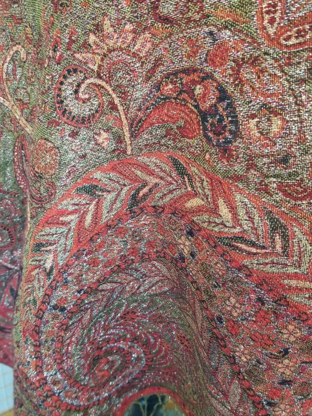 Wool Blanket Scarf Olive Green Brick Red Gold Metallic Threads Paisley Reverses